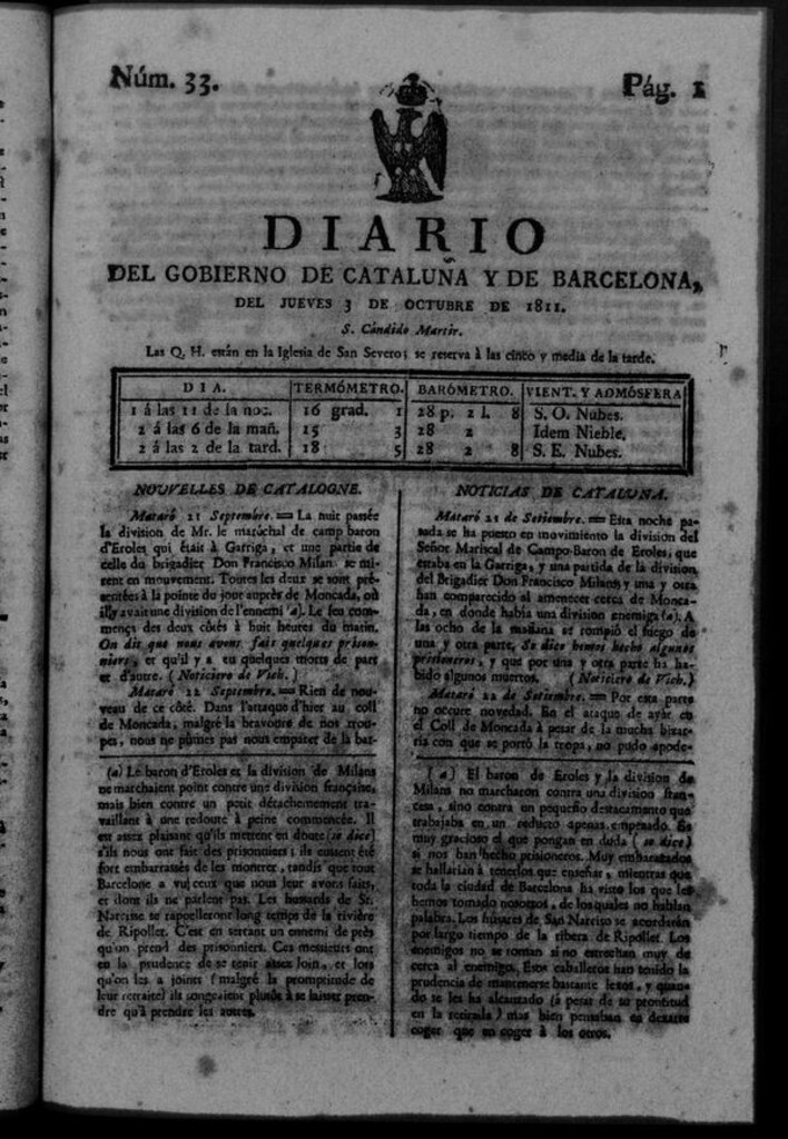 Miniatura de Diario de Barcelona del jueves 3 de octubre de 1811