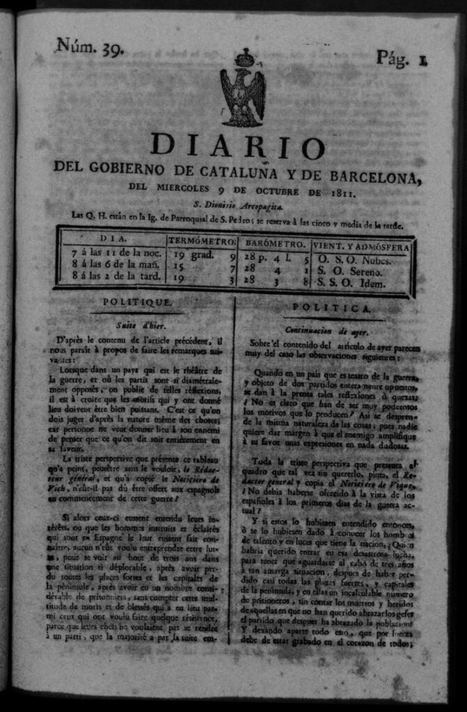 Miniatura de Diario de Barcelona del miércoles 9 de octubre de 1811