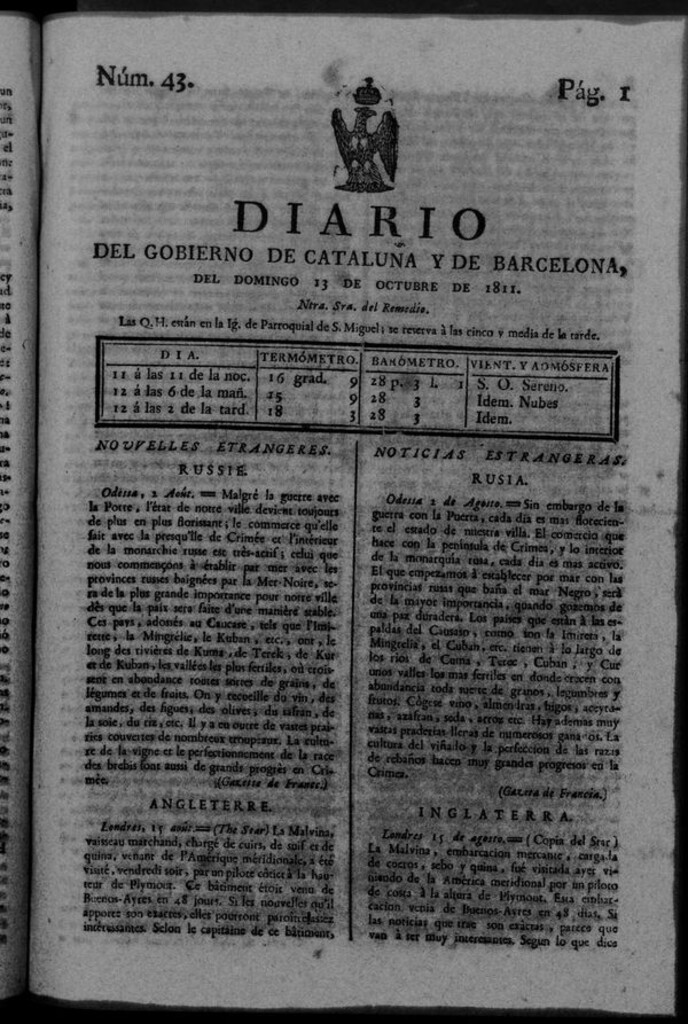 Miniatura de Diario de Barcelona del domingo 13 de octubre de 1811