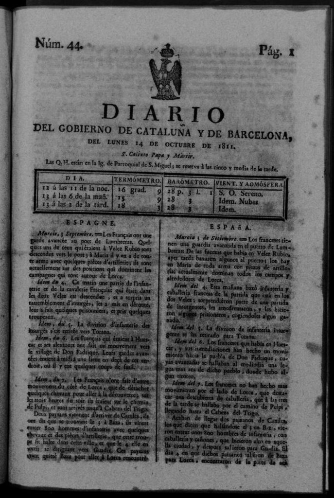 Miniatura de Diario de Barcelona del lunes 14 de octubre de 1811
