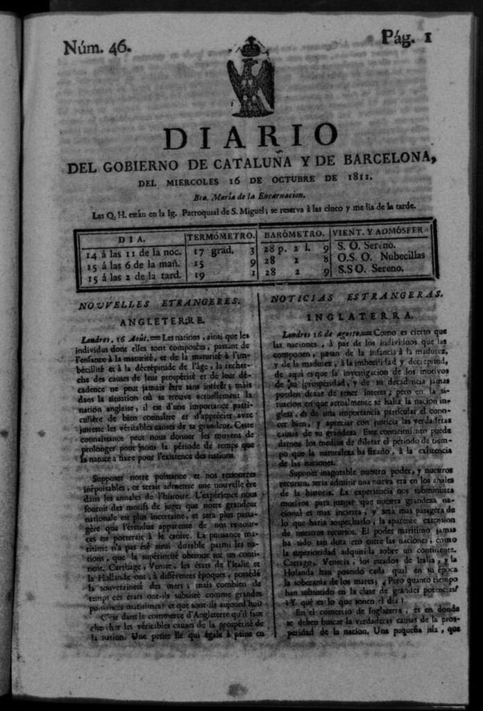 Miniatura de Diario de Barcelona del miércoles 16 de octubre de 1811