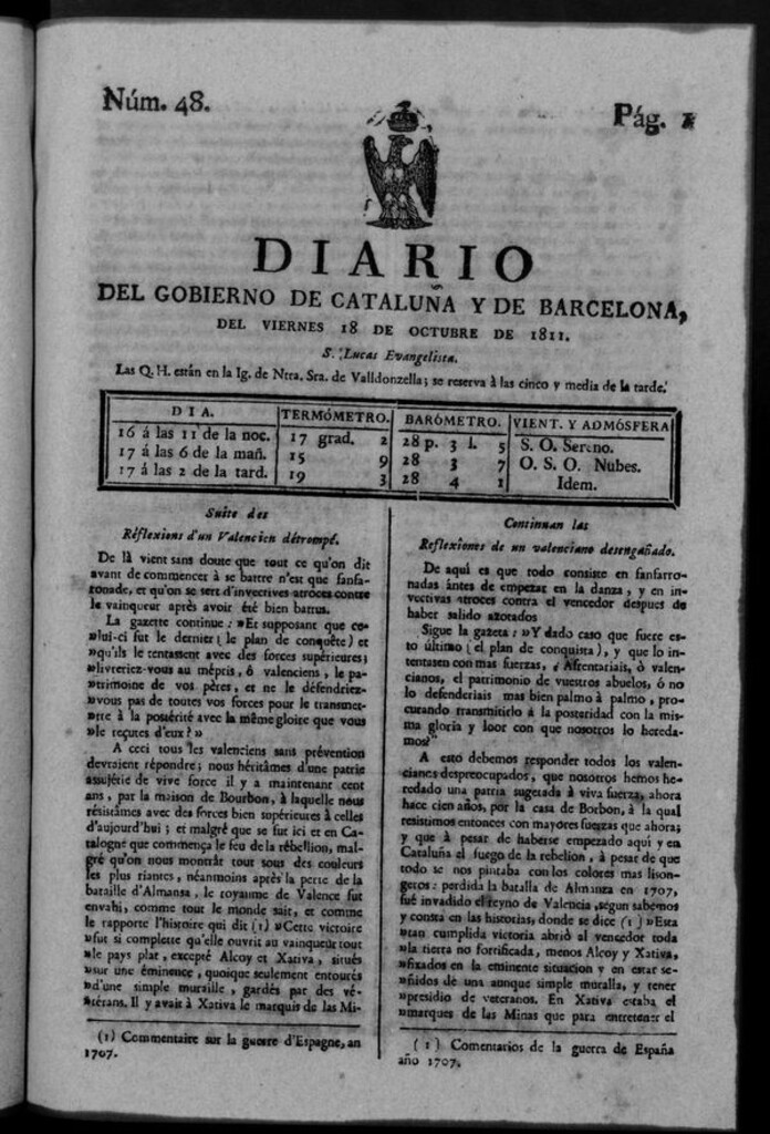 Miniatura de Diario de Barcelona del viernes 18 de octubre de 1811