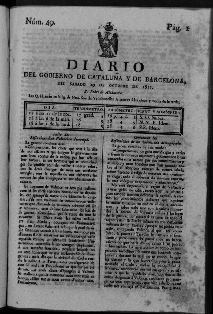 Miniatura de Diario de Barcelona del sábado 19 de octubre de 1811