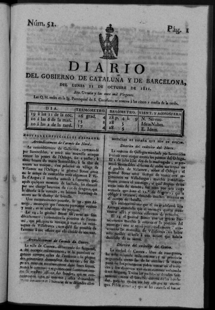 Miniatura de Diario de Barcelona del lunes 21 de octubre de 1811