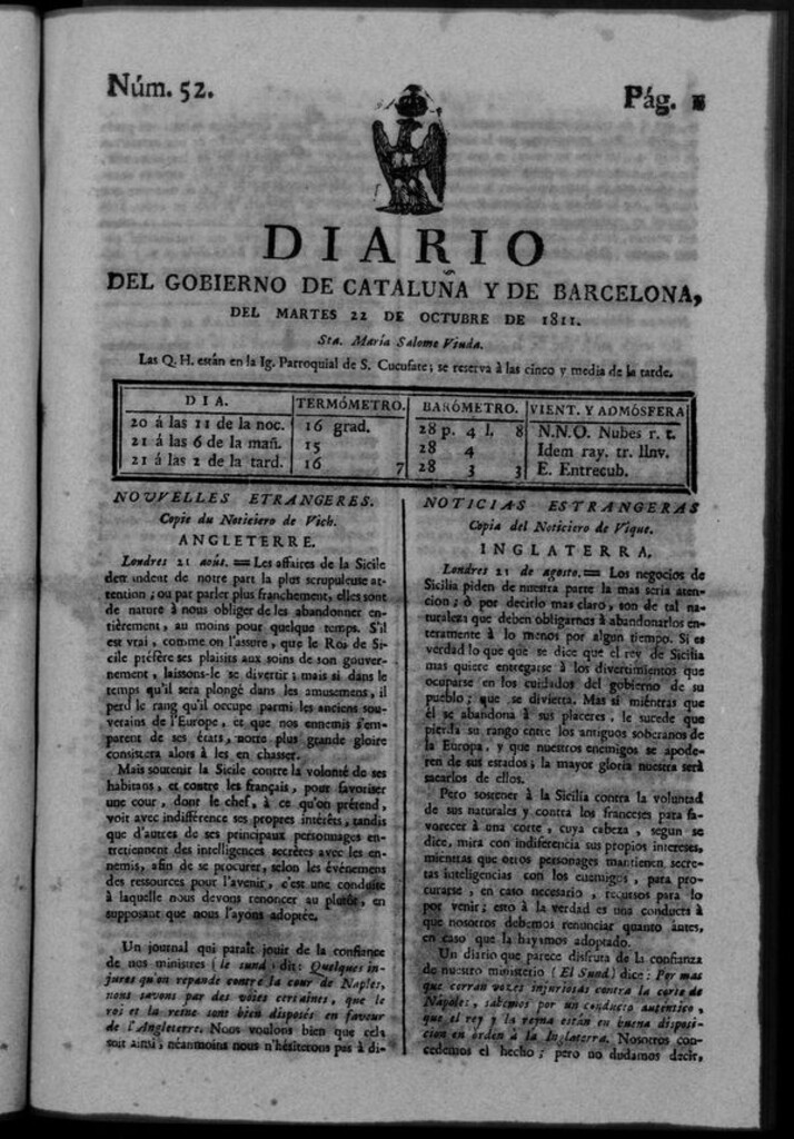 Miniatura de Diario de Barcelona del martes 22 de octubre de 1811