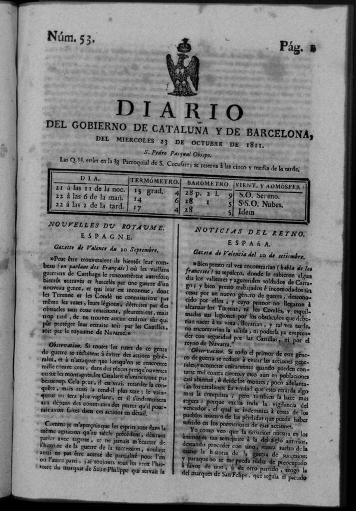 Miniatura de Diario de Barcelona del miércoles 23 de octubre de 1811