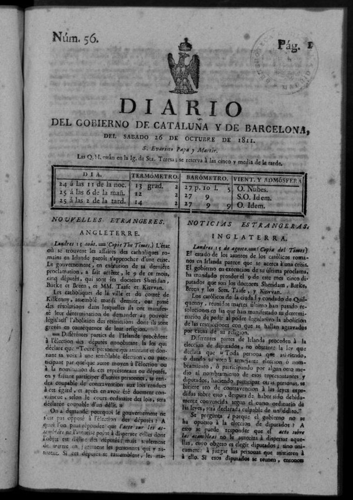 Miniatura de Diario de Barcelona del sábado 26 de octubre de 1811