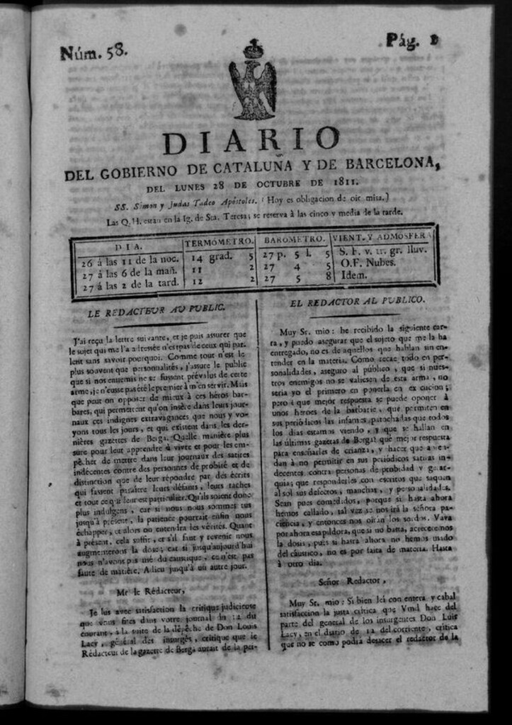 Miniatura de Diario de Barcelona del lunes 28 de octubre de 1811