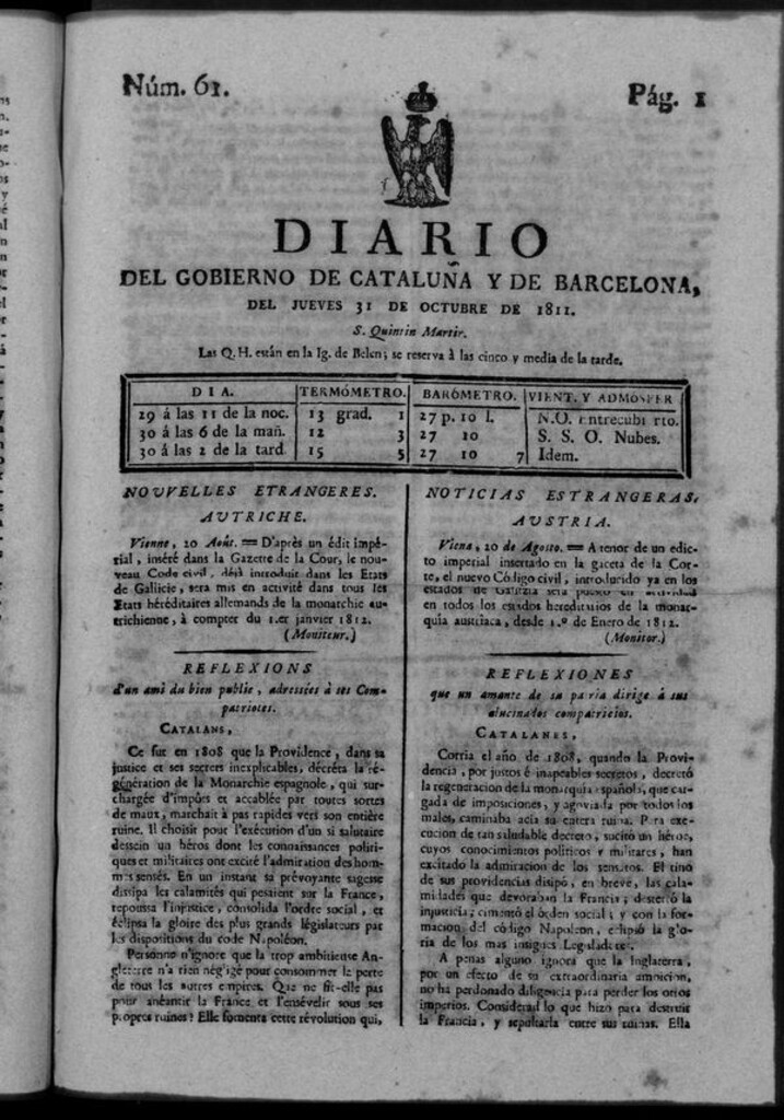 Miniatura de Diario de Barcelona del jueves 31 de octubre de 1811