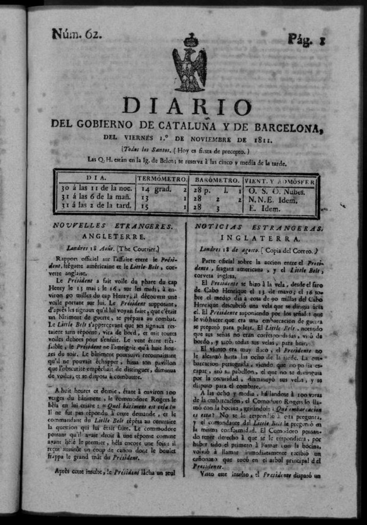 Miniatura de Diario de Barcelona del viernes 1 noviembre de 1811