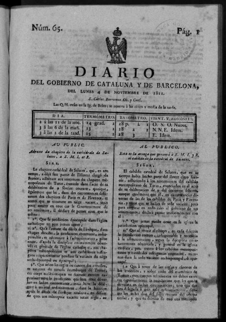 Miniatura de Diario de Barcelona del lunes 4 noviembre de 1811