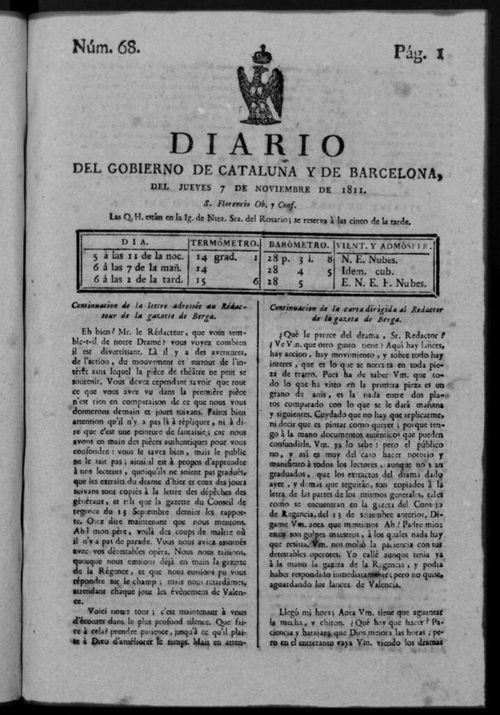 Miniatura de Diario de Barcelona del jueves 7 noviembre de 1811