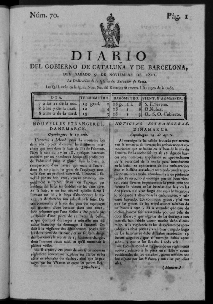 Miniatura de Diario de Barcelona del sábado 9 noviembre de 1811
