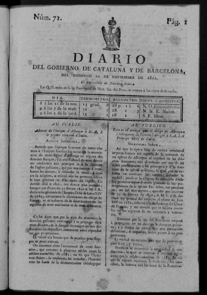 Miniatura de Diario de Barcelona del domingo 10 noviembre de 1811