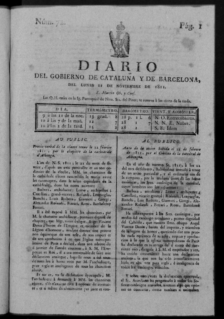 Miniatura de Diario de Barcelona del lunes 11 noviembre de 1811