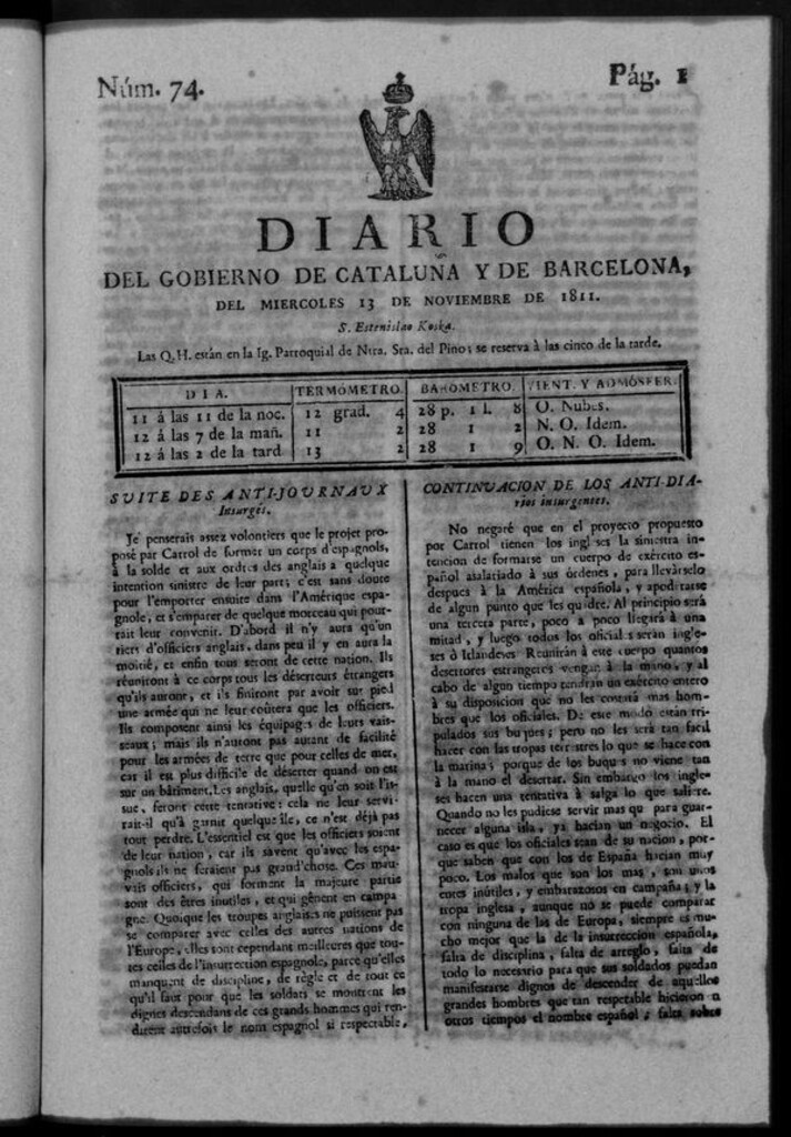 Miniatura de Diario de Barcelona del miércoles 13 noviembre de 1811
