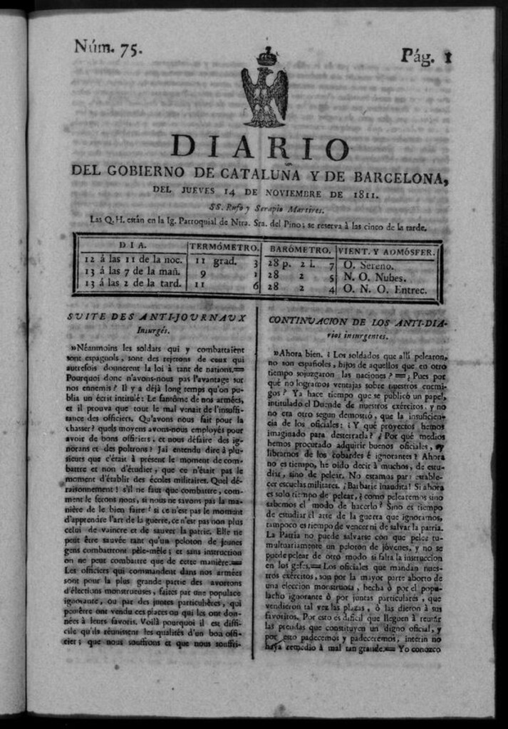 Miniatura de Diario de Barcelona del jueves 14 noviembre de 1811