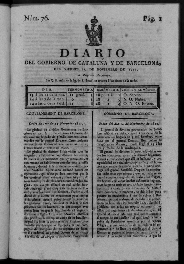 Miniatura de Diario de Barcelona del viernes 15 noviembre de 1811