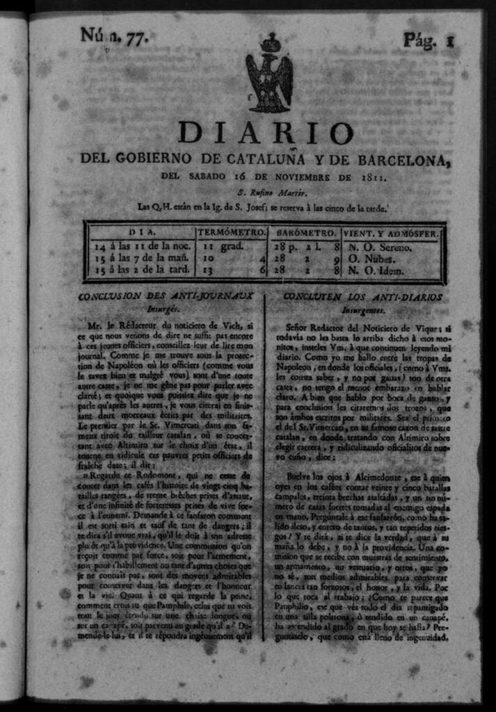 Miniatura de Diario de Barcelona del sábado 16 noviembre de 1811