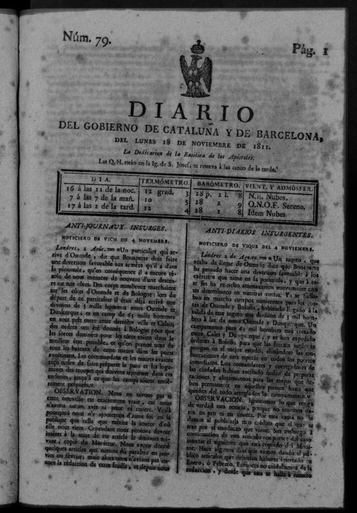 Miniatura de Diario de Barcelona del lunes 18 noviembre de 1811