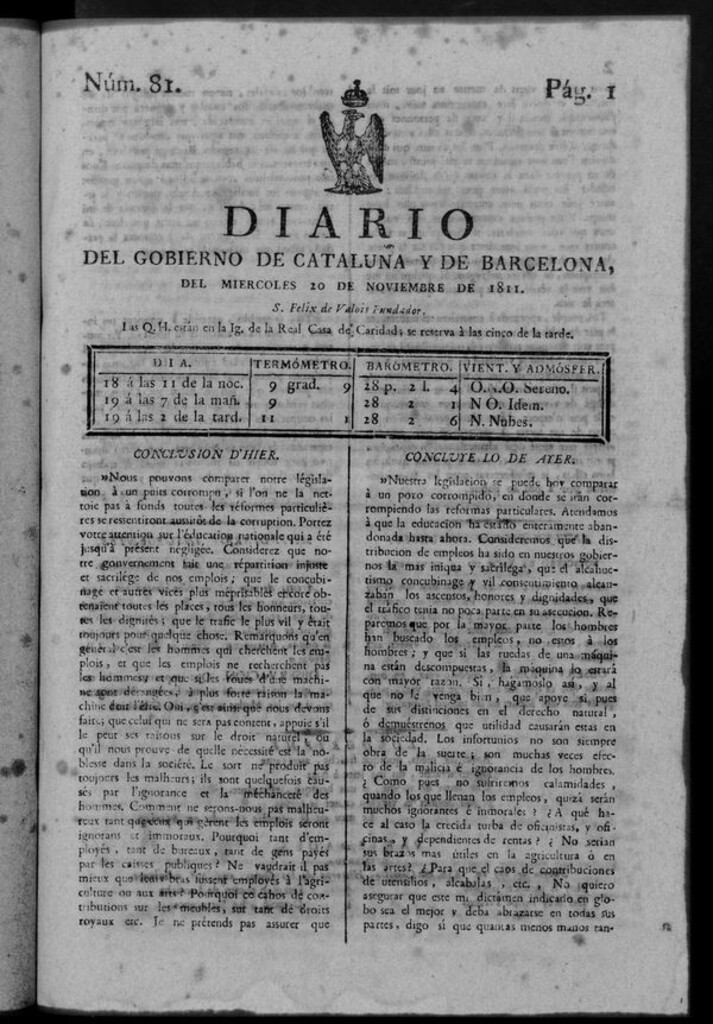 Miniatura de Diario de Barcelona del miércoles 20 noviembre de 1811