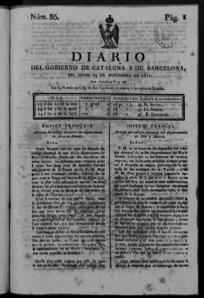Miniatura de Diario de Barcelona del lunes 25 noviembre de 1811