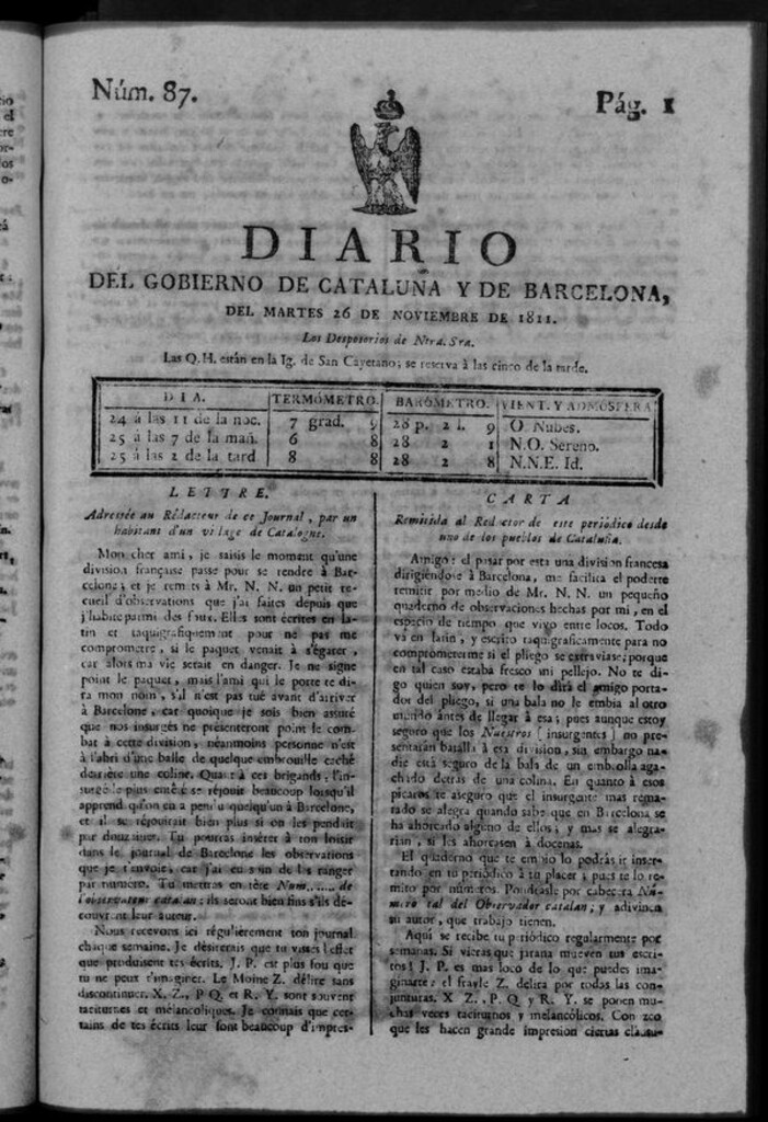 Miniatura de Diario de Barcelona del martes 26 noviembre de 1811