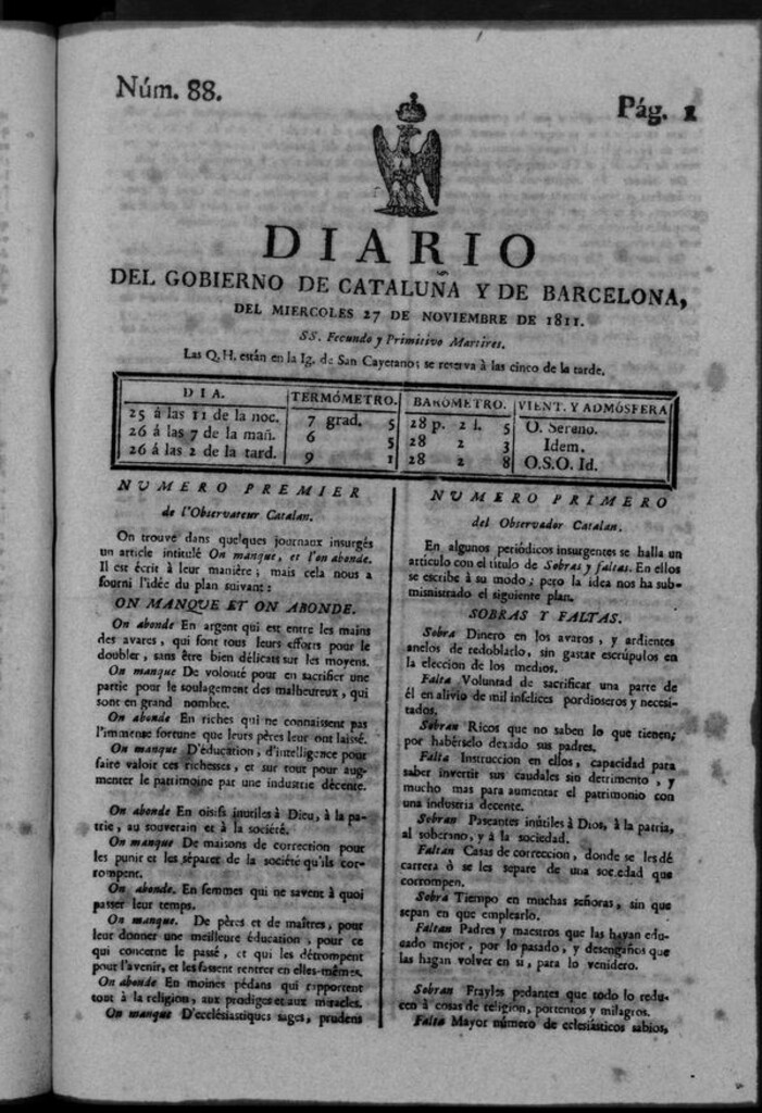 Miniatura de Diario de Barcelona del miércoles 27 noviembre de 1811
