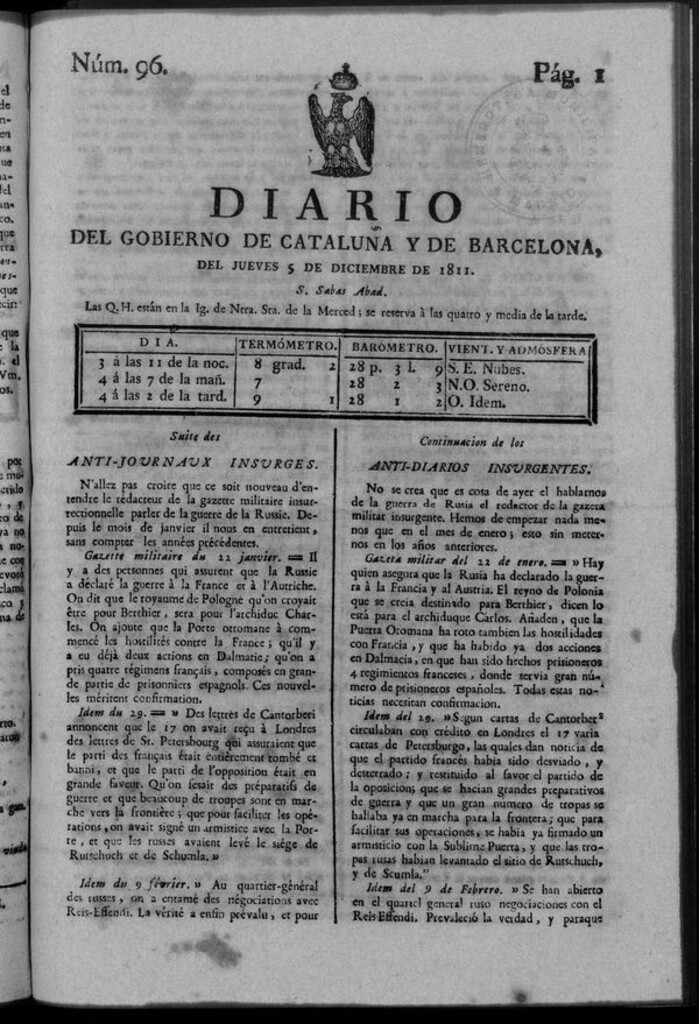 Miniatura de Diario de Barcelona del jueves 5 de diciembre de 1811