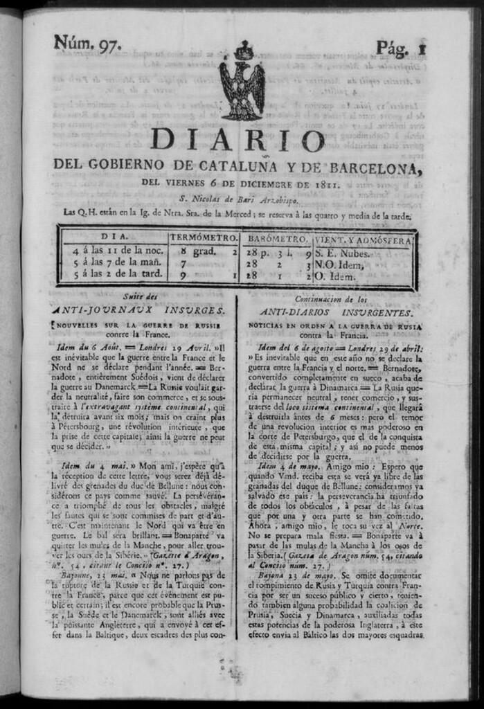 Miniatura de Diario de Barcelona del viernes 6 de diciembre de 1811