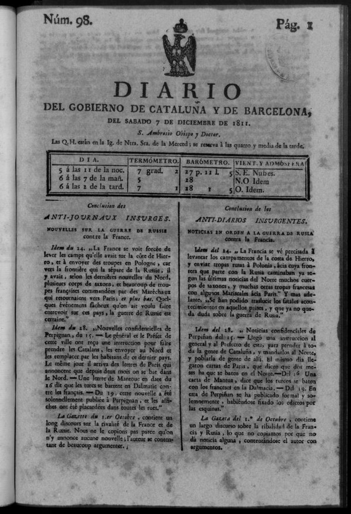 Miniatura de Diario de Barcelona del sábado 7 de diciembre de 1811