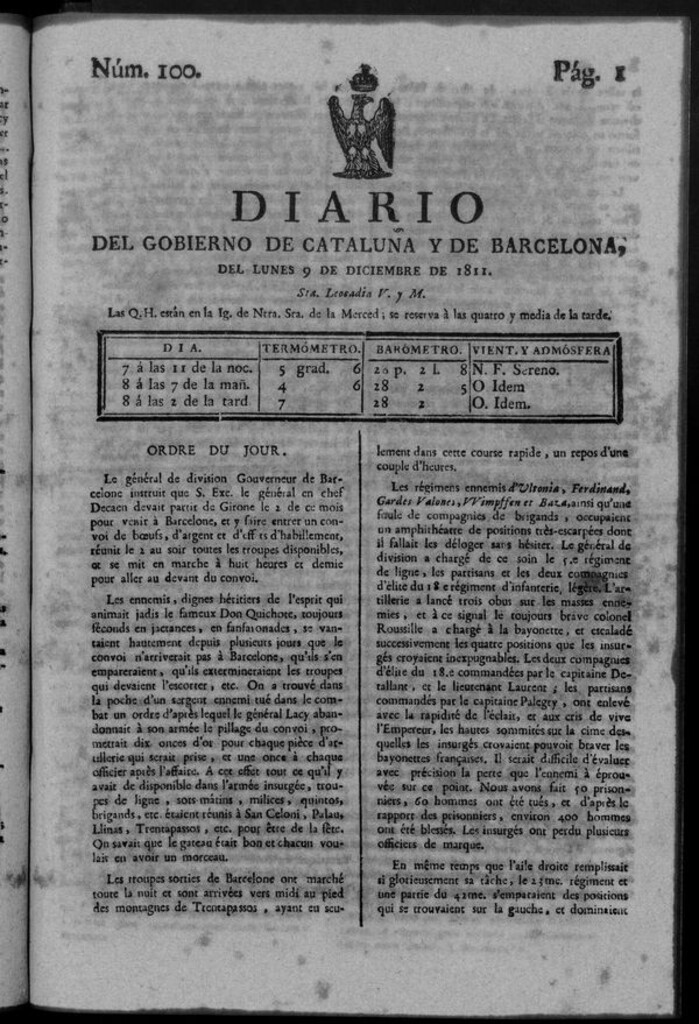 Miniatura de Diario de Barcelona del lunes 9 de diciembre de 1811