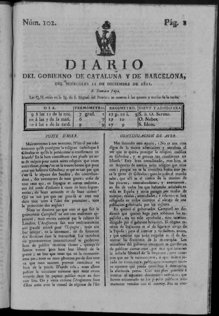 Miniatura de Diario de Barcelona del miércoles 11 de diciembre de 1811