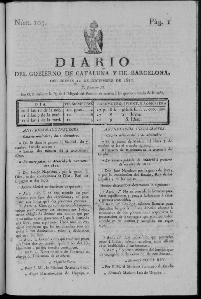 Miniatura de Diario de Barcelona del jueves 12 de diciembre de 1811