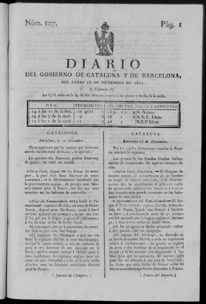 Miniatura de Diario de Barcelona del lunes 16 de diciembre de 1811