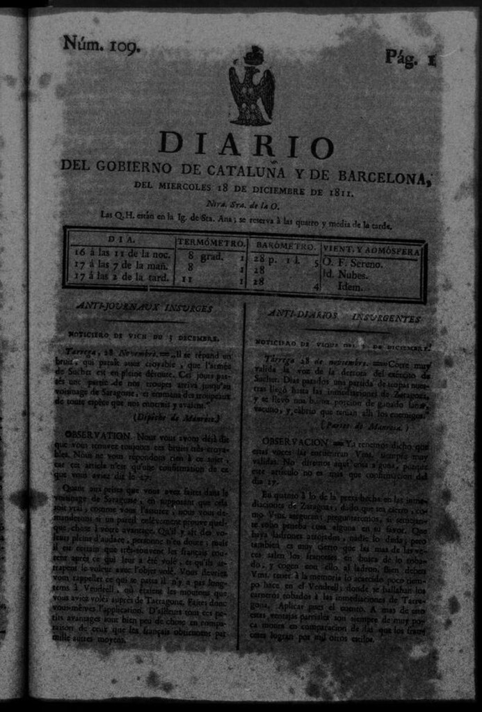 Miniatura de Diario de Barcelona del miércoles 18 de diciembre de 1811
