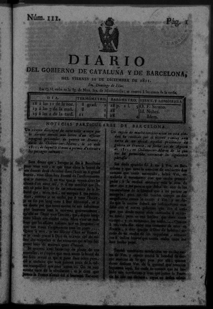 Miniatura de Diario de Barcelona del viernes 20 de diciembre de 1811