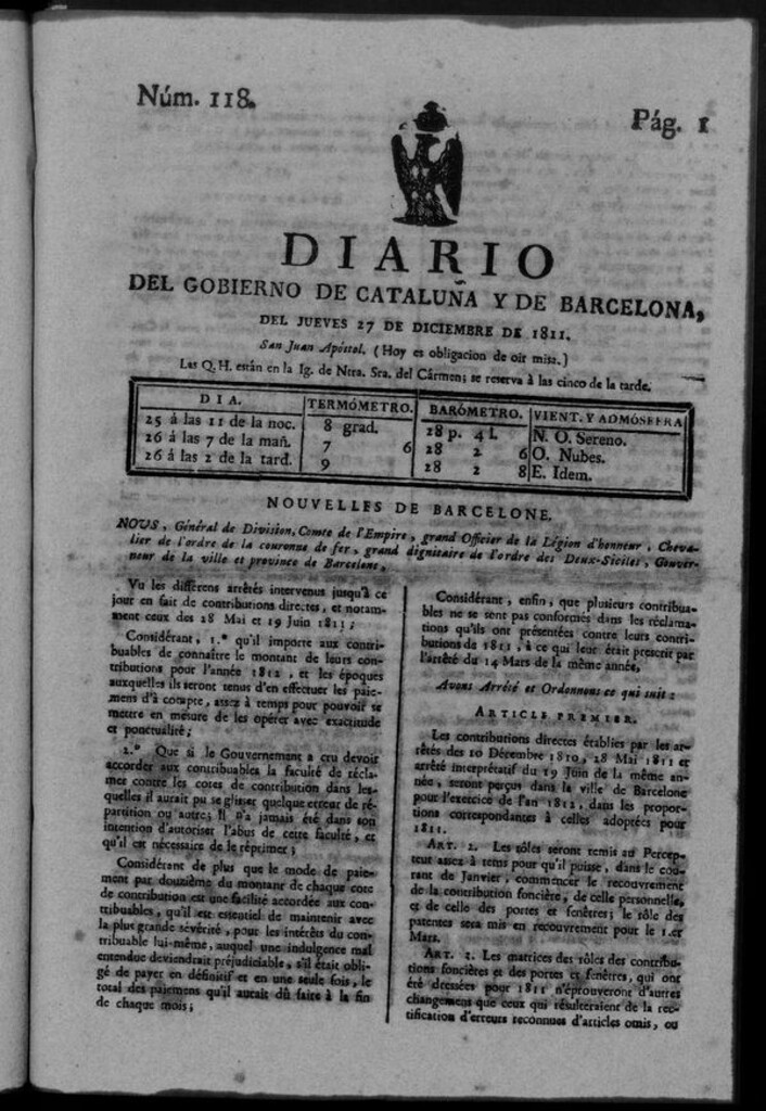 Miniatura de Diario de Barcelona del viernes 27 de diciembre de 1811
