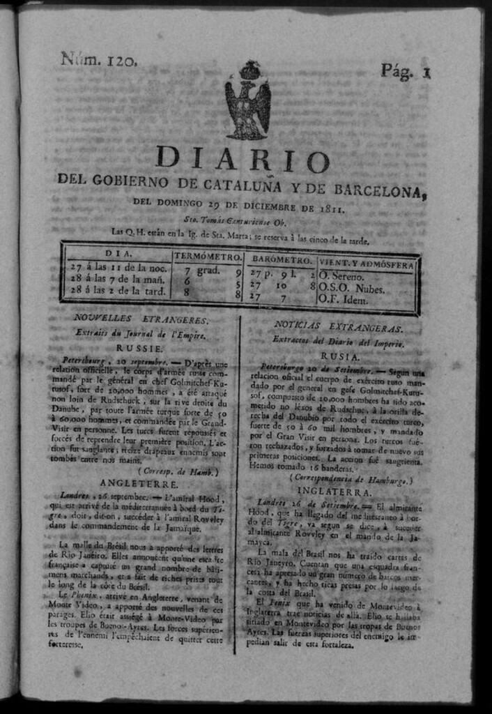 Miniatura de Diario de Barcelona del domingo 29 de diciembre de 1811