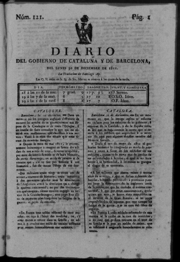 Miniatura de Diario de Barcelona del lunes 30 de diciembre de 1811