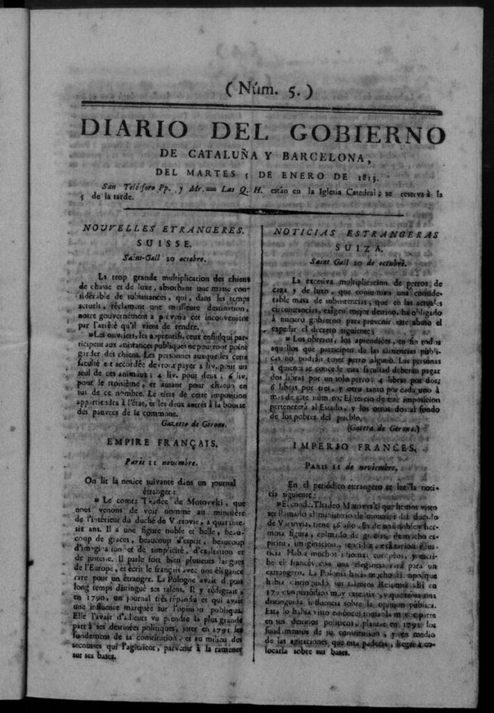 Miniatura de Diario de Barcelona del martes 5 de enero de 1813
