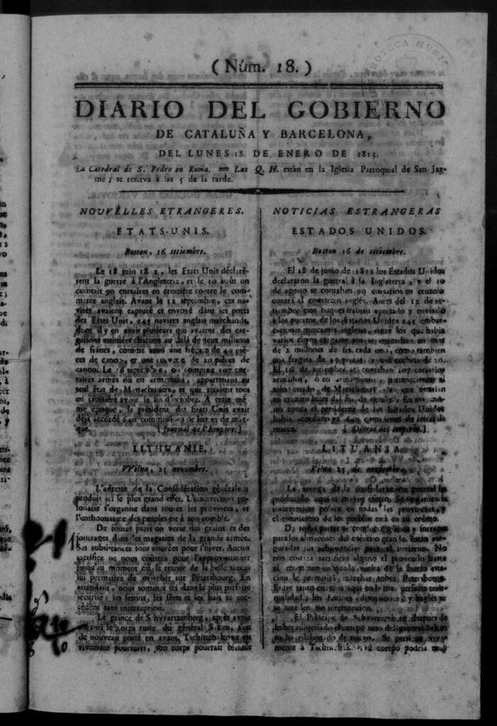Miniatura de Diario de Barcelona del lunes 18 de enero de 1813