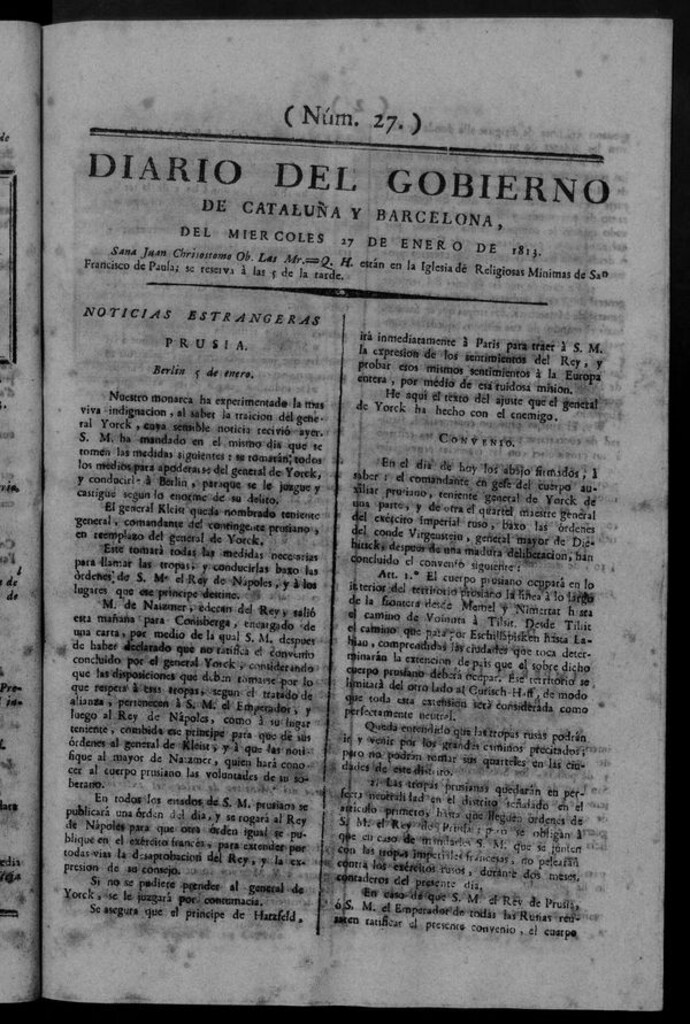 Miniatura de Diario de Barcelona del miércoles 27 de enero de 1813