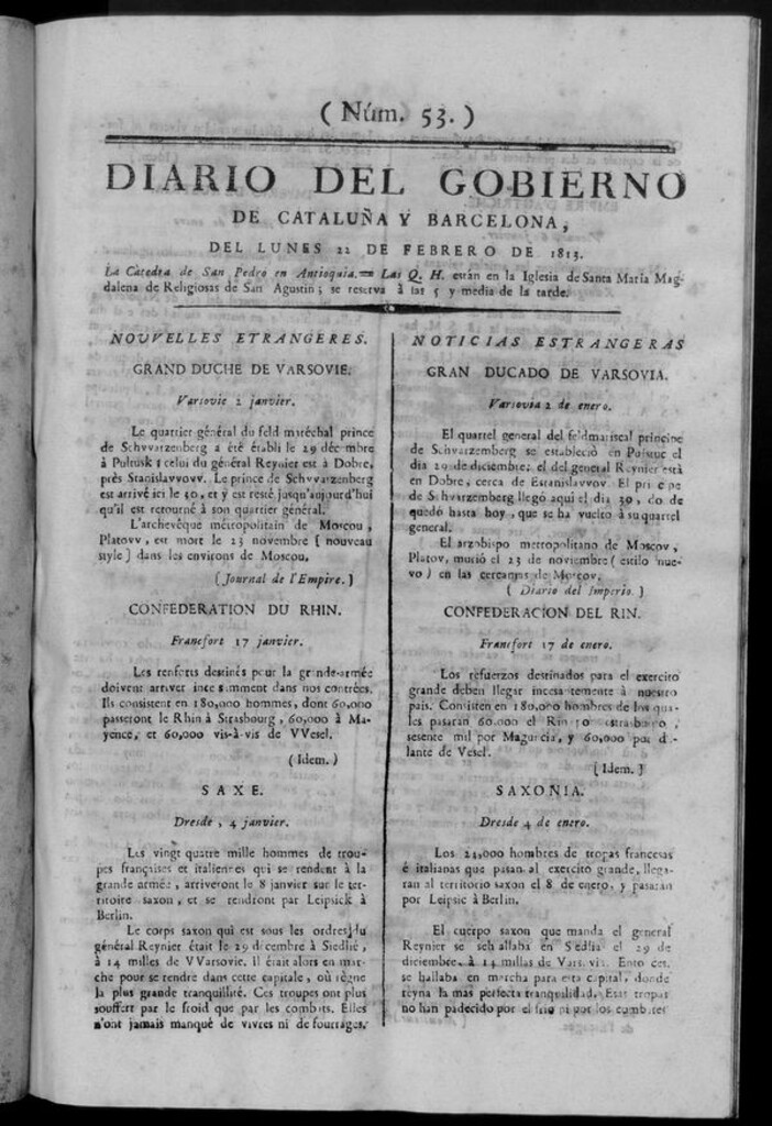 Miniatura de Diario de Barcelona del lunes 22 de febrero de 1813