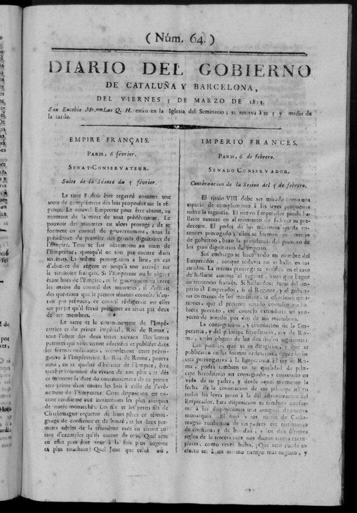 Miniatura de Diario de Barcelona del viernes 5 de marzo de 1813