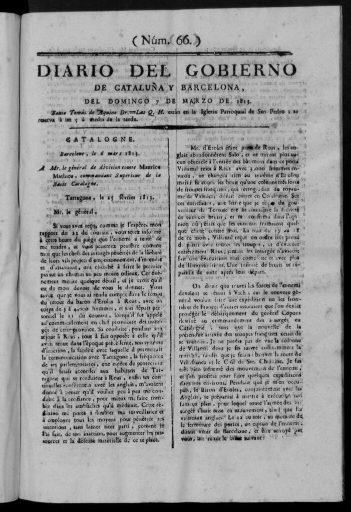 Miniatura de Diario de Barcelona del domingo 7 de marzo de 1813