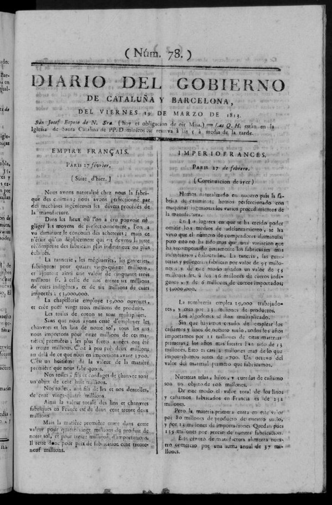 Miniatura de Diario de Barcelona del viernes 19 de marzo de 1813