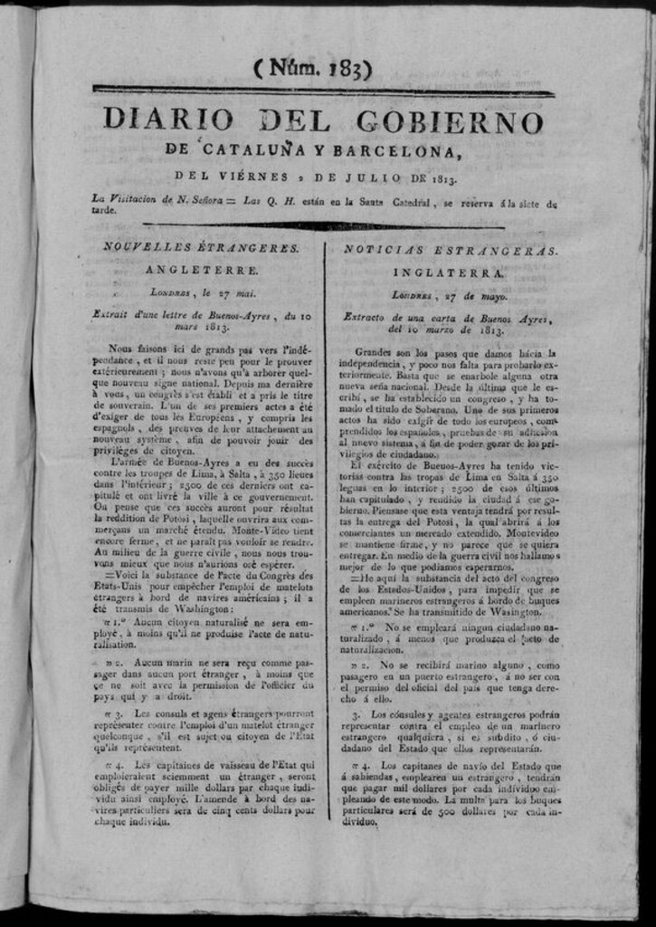 Miniatura de Diario de Barcelona del viernes 2 de julio de 1813