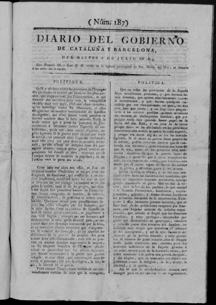 Miniatura de Diario de Barcelona del martes 6 de julio de 1813