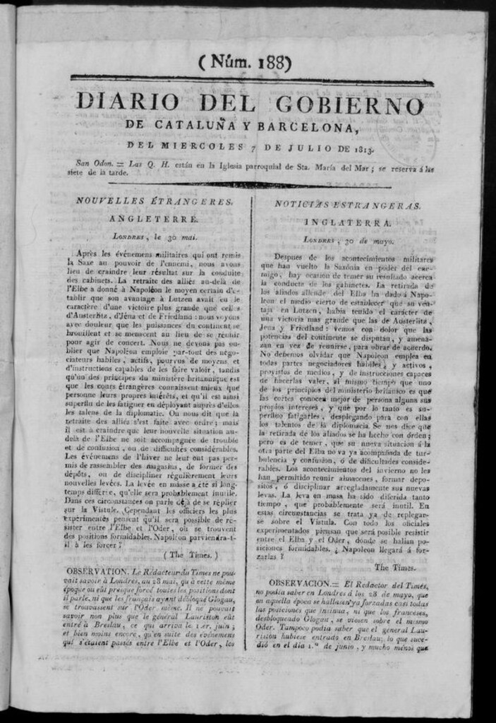 Miniatura de Diario de Barcelona del miércoles 7 de julio de 1813